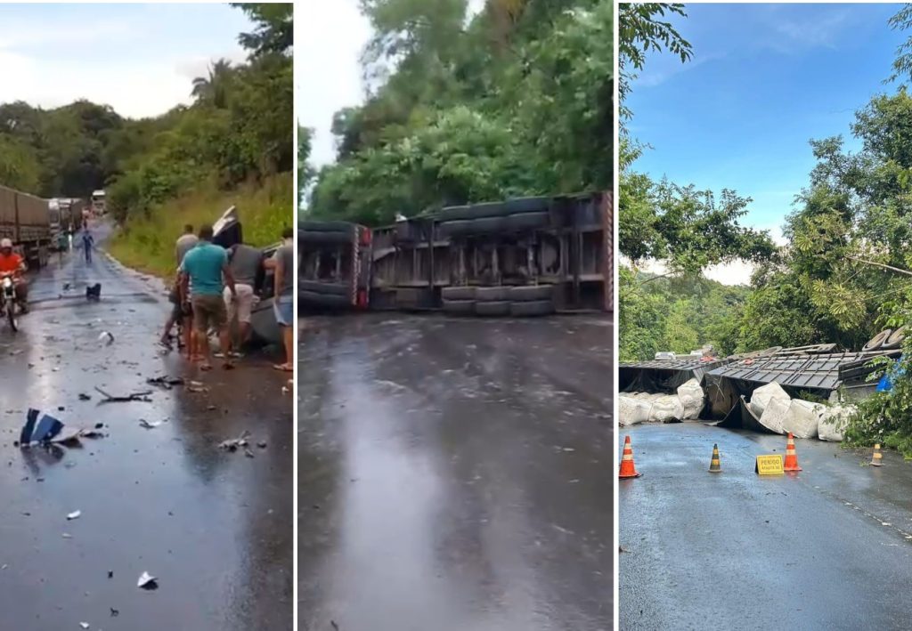 Caminhão fica atravessado em rodovia após acidente grave com morte; trânsito ficou interditado