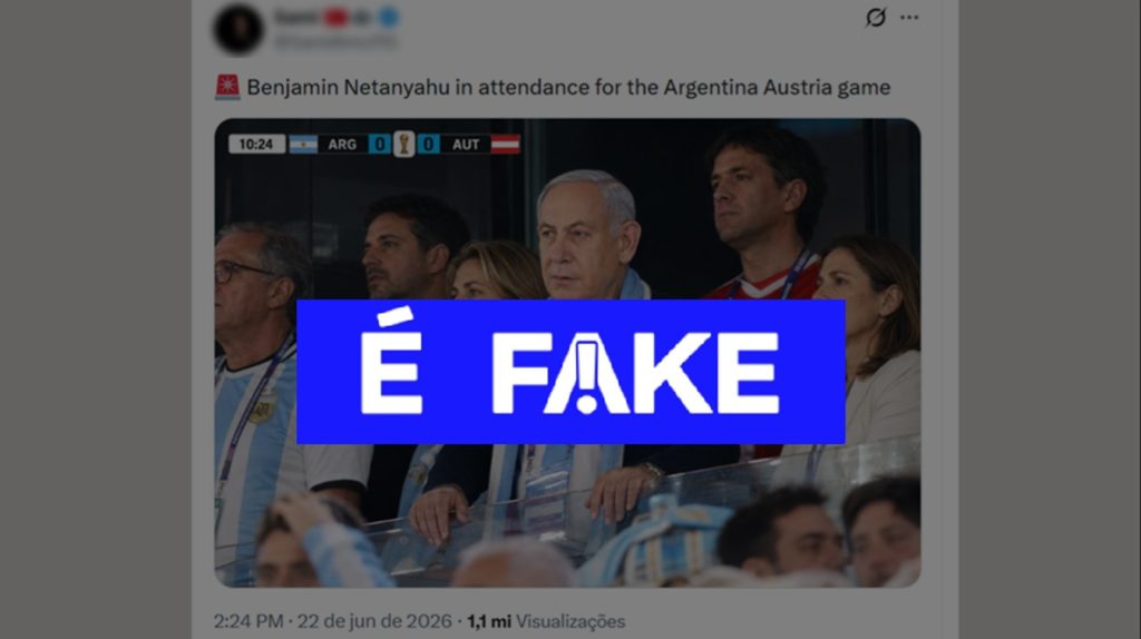 É #FAKE foto de Benjamin Netanyahu na arquibancada de Argentina x Áustria na Copa do Mundo; imagem foi feita com IA