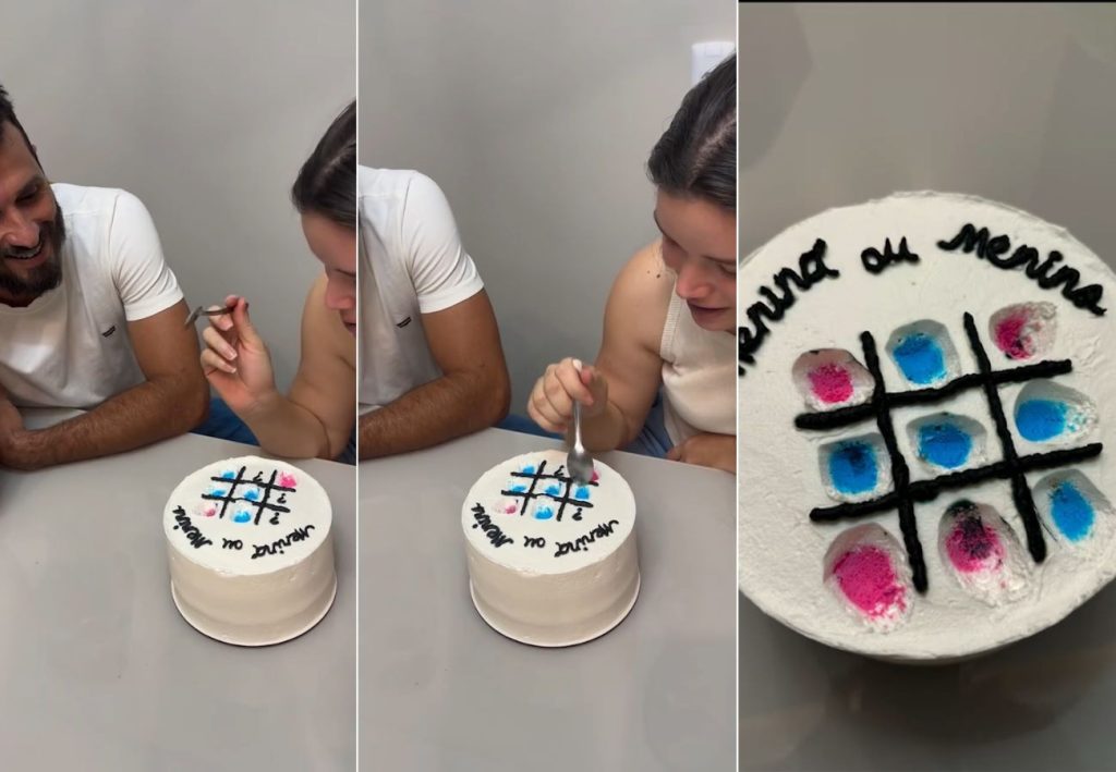 Casal inova em chá revelação de bebê com bolo interativo inspirado no ‘jogo da velha’ e viraliza na web; VÍDEO