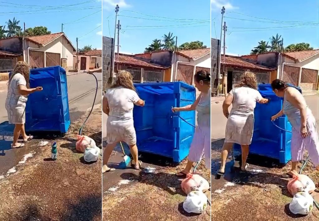 Vídeo mostra mulheres lavando lixeira pública e gesto repercute nas redes sociais; assista