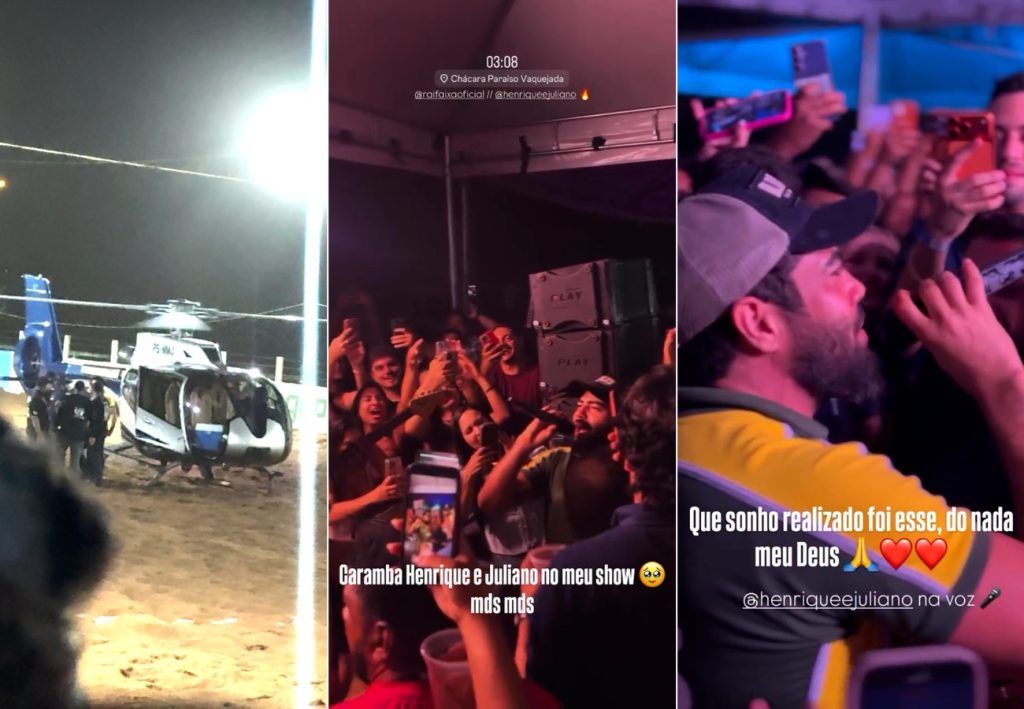 Henrique e Juliano surpreendem fãs ao chegarem de helicóptero em cavalgada