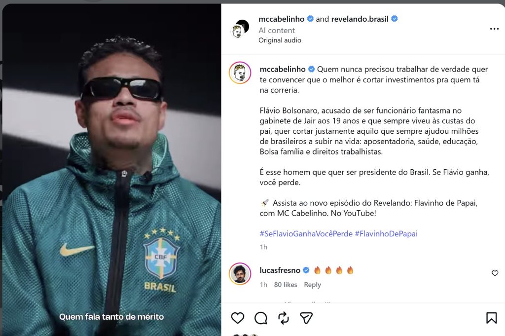 Meta derruba vídeo de MC Cabelinho sobre Flávio Bolsonaro às vésperas do 2º turno