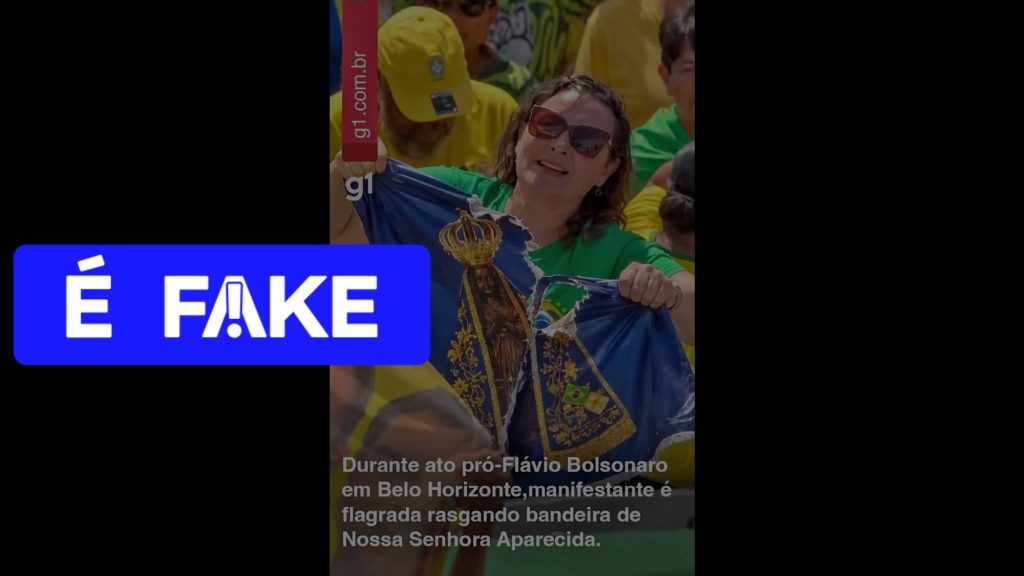 É #FAKE foto de mulher rasgando bandeira de Nossa Senhora Aparecida em ato de apoio a Flávio Bolsonaro; cena foi criada com IA